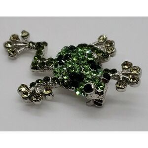 Vintage silver tone green rhinestone FROG brooch pin